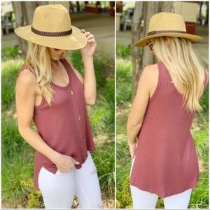 Infinity Raine Tops - Marsala Waffle Knit Button Trim Tank Infinity Raine Tops - Marsala Waffle Knit Button Trim Tank